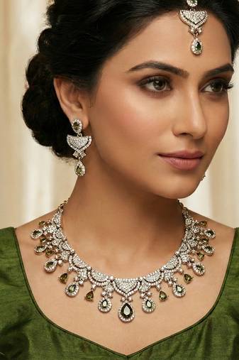 Green yellow gold premium designer american diamond and stone work necklace set