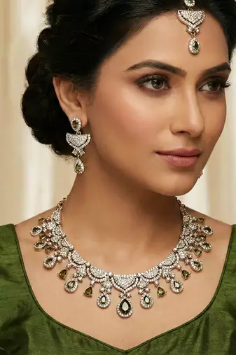 Green yellow gold premium designer american diamond and stone work necklace set