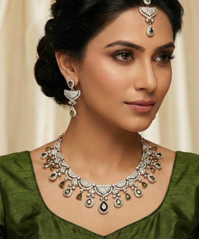 Green yellow gold premium designer american diamond and stone work necklace set