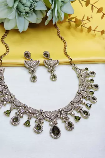 Green yellow gold premium designer american diamond and stone work necklace set