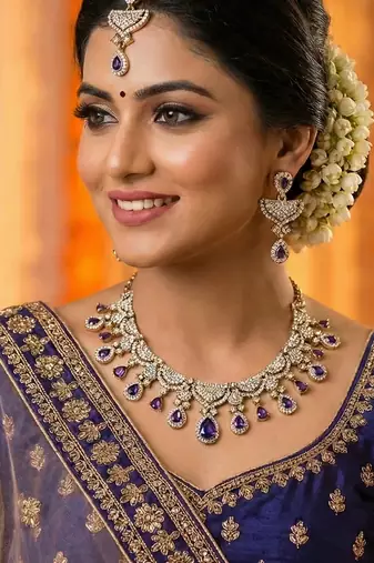 Blue yellow gold premium designer american diamond and stone work necklace set