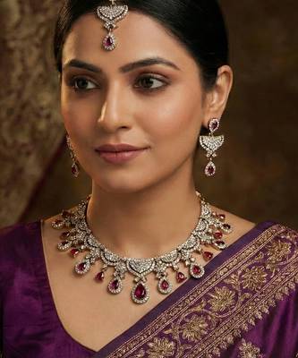 Purple yellow gold premium designer american diamond and stone work necklace set 1
