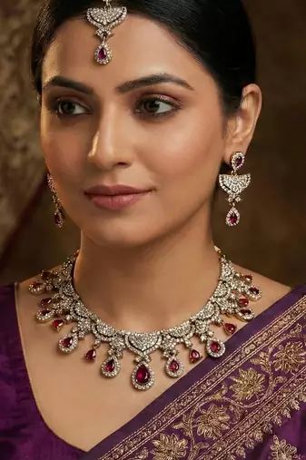 Purple yellow gold premium designer american diamond and stone work necklace set