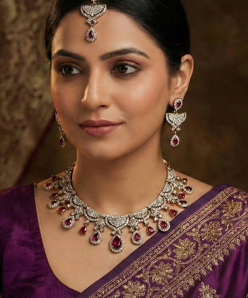 Purple yellow gold premium designer american diamond and stone work necklace set