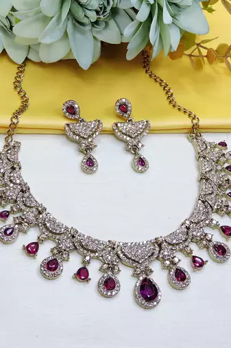 Purple yellow gold premium designer american diamond and stone work necklace set