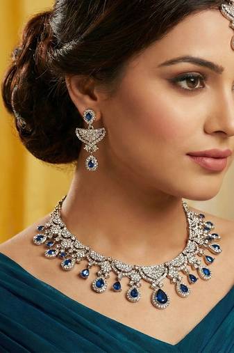 Blue yellow gold premium designer american diamond and stone work necklace set