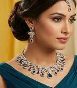 Blue yellow gold premium designer american diamond and stone work necklace set