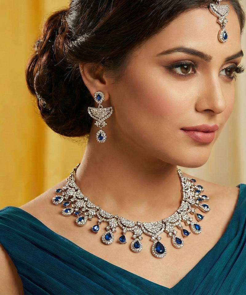 Blue yellow gold premium designer american diamond and stone work necklace set