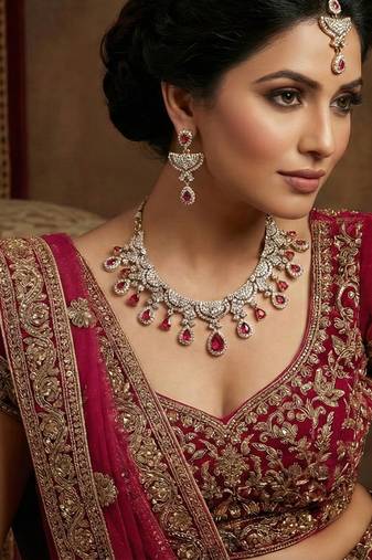 Pink yellow gold premium designer american diamond and stone work necklace set
