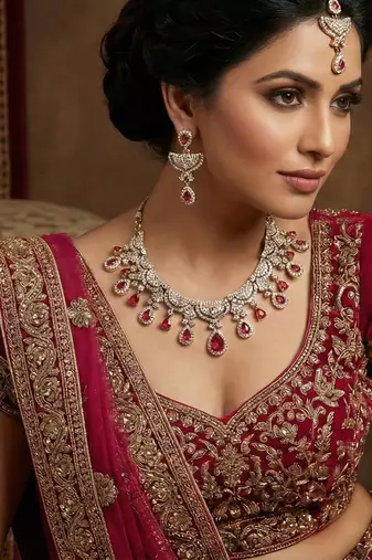 Pink yellow gold premium designer american diamond and stone work necklace set