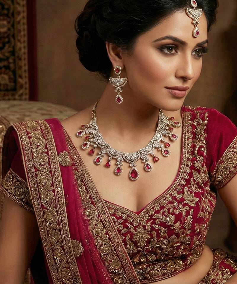 Pink yellow gold premium designer american diamond and stone work necklace set