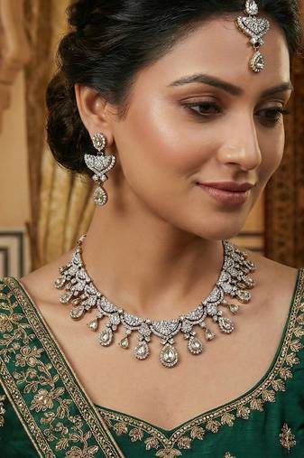 White yellow gold premium designer american diamond and stone work necklace set