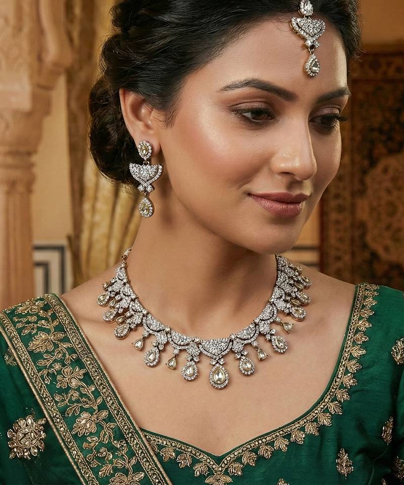 White yellow gold premium designer american diamond and stone work necklace set