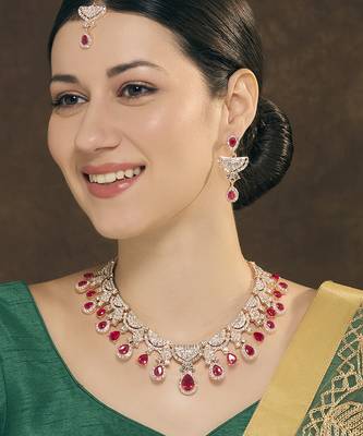 Pink rose gold premium designer american diamond and stone work necklace set 1