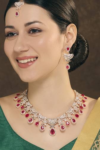 Pink rose gold premium designer american diamond and stone work necklace set