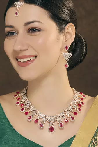 Pink rose gold premium designer american diamond and stone work necklace set