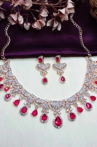 Pink rose gold premium designer american diamond and stone work necklace set