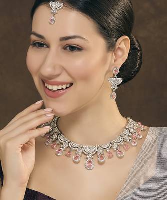 Pink rhodium premium designer american diamond and stone work necklace set 1