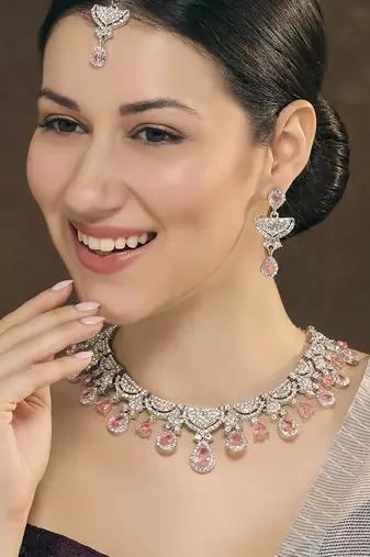 Pink rhodium premium designer american diamond and stone work necklace set