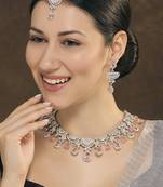 Pink rhodium premium designer american diamond and stone work necklace set