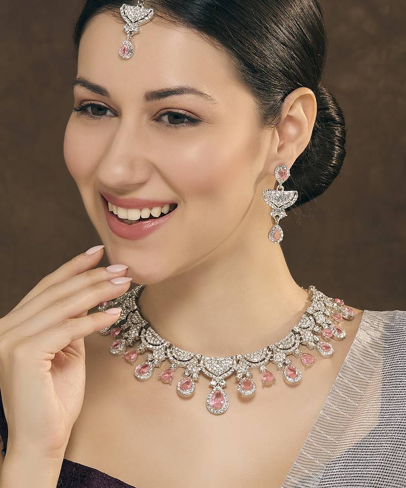 Pink rhodium premium designer american diamond and stone work necklace set