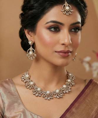 Gold yellow gold premium designer american diamond and stone work necklace set 1