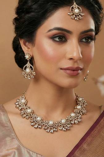 Gold yellow gold premium designer american diamond and stone work necklace set