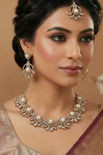 Gold yellow gold premium designer american diamond and stone work necklace set