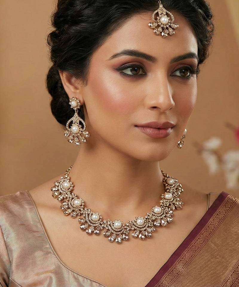 Gold yellow gold premium designer american diamond and stone work necklace set