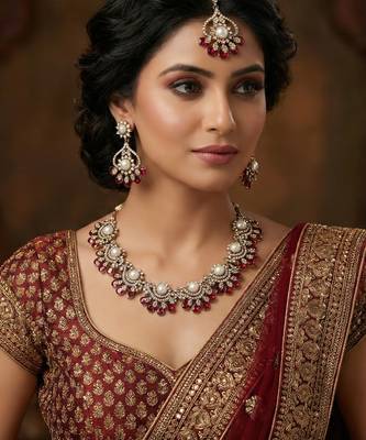 Maroon yellow gold premium designer american diamond and stone work necklace set 1