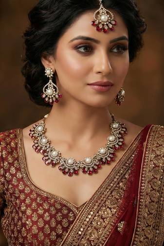 Maroon yellow gold premium designer american diamond and stone work necklace set