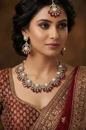 Maroon yellow gold premium designer american diamond and stone work necklace set