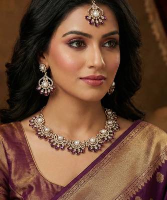 Purple yellow gold premium designer american diamond and stone work necklace set 1