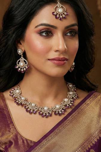 Purple yellow gold premium designer american diamond and stone work necklace set
