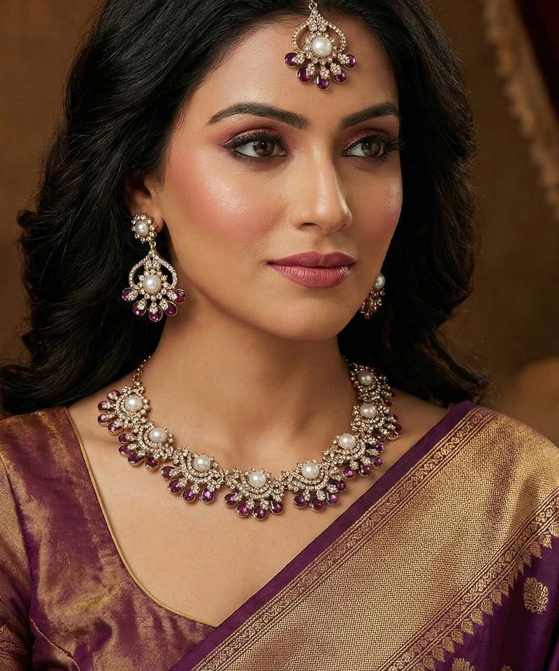 Purple yellow gold premium designer american diamond and stone work necklace set