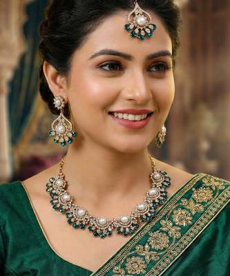 Blue yellow gold premium designer american diamond and stone work necklace set 1