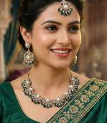 Blue yellow gold premium designer american diamond and stone work necklace set