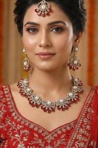 Red yellow gold premium designer american diamond and stone work necklace set