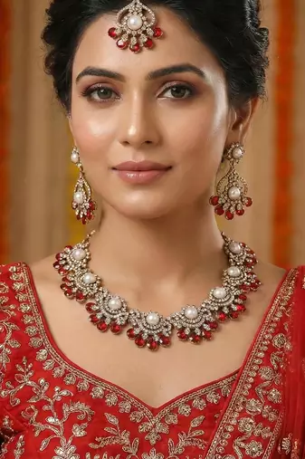 Red yellow gold premium designer american diamond and stone work necklace set