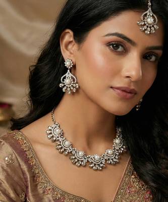 White yellow gold premium designer american diamond and stone work necklace set 1
