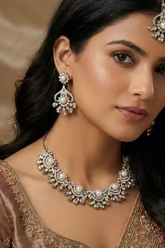 White yellow gold premium designer american diamond and stone work necklace set