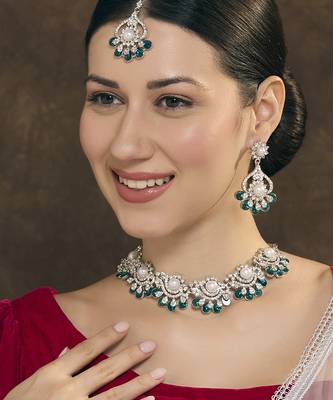 Blue rhodium premium designer american diamond and stone work necklace set 1
