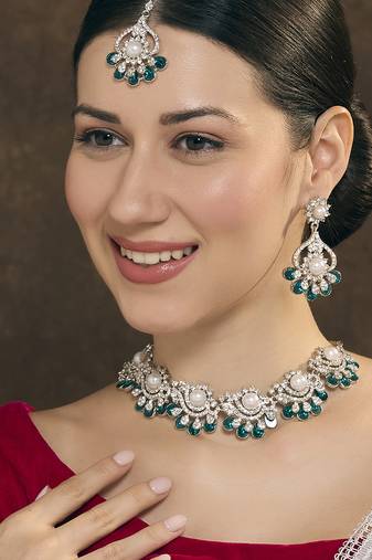 Blue rhodium premium designer american diamond and stone work necklace set