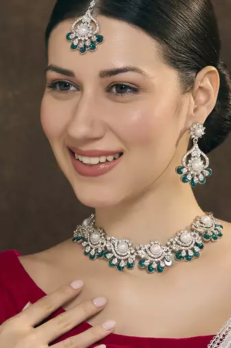 Blue rhodium premium designer american diamond and stone work necklace set