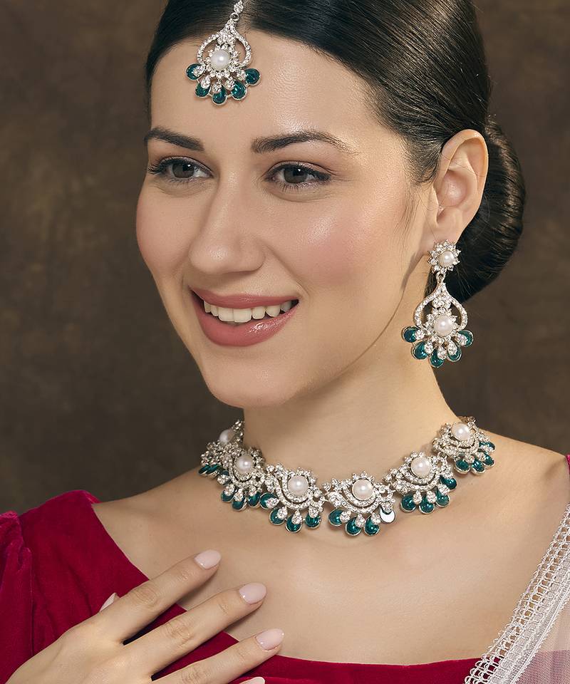 Blue rhodium premium designer american diamond and stone work necklace set