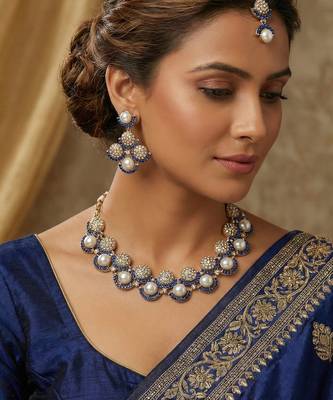 Blue yellow gold premium designer american diamond and stone work necklace set 1