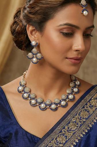 Blue yellow gold premium designer american diamond and stone work necklace set