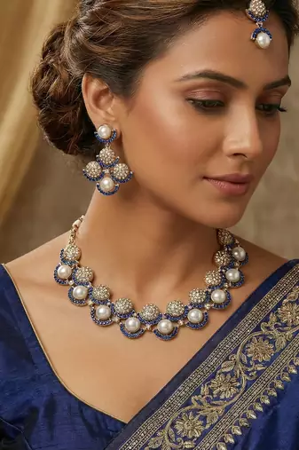 Blue yellow gold premium designer american diamond and stone work necklace set