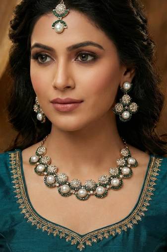 Green yellow gold premium designer american diamond and stone work necklace set