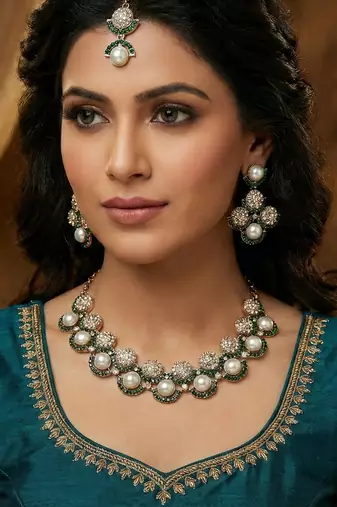 Green yellow gold premium designer american diamond and stone work necklace set
